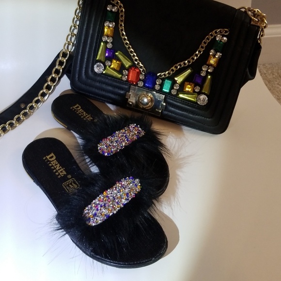 Fur slippers sliders sandals shoes glitter black! - Picture 2 of 4